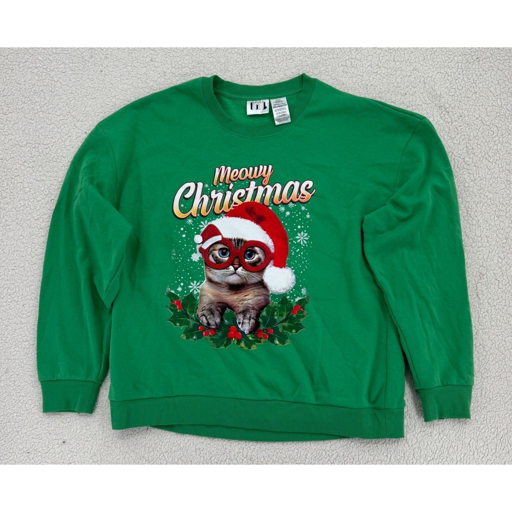 Green Meowy Christmas Cat Sweatshirt XXL Festive Holiday Kitten Holiday Party